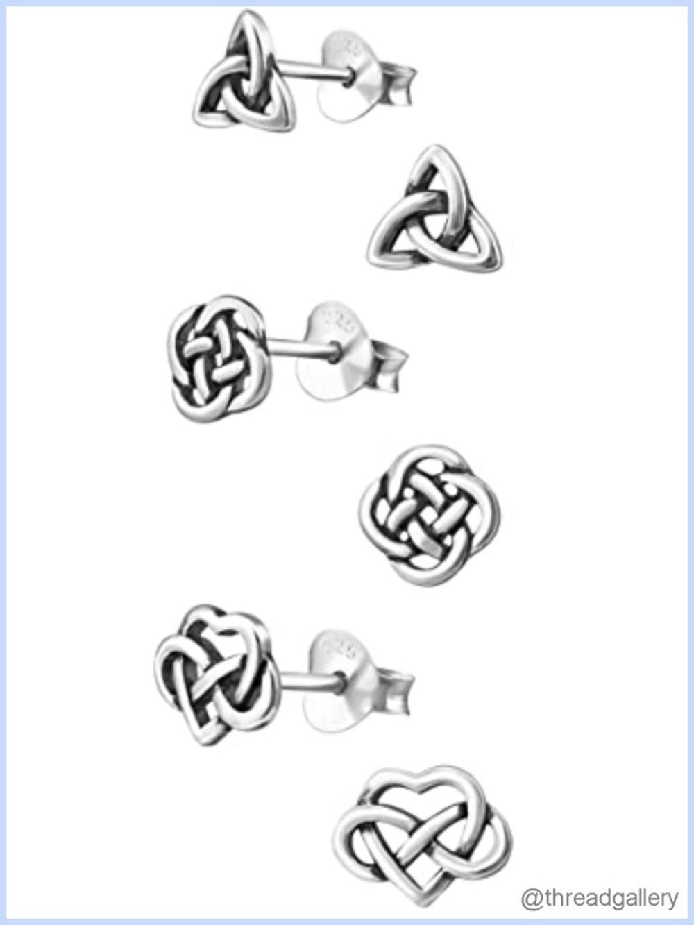 925 Sterling Silver Stud Earrings Set of 3 Pairs Heart Knot Cross Vintage